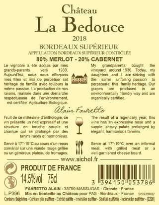 Chateau la Bedouce Bordeaux Supérieur back label