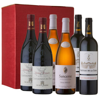 French Deluxe Wine Gift Set: Chateau de la Cour Saint-Emilion Grand Cru, Domaine Grand Veneur Chateauneuf-du-Pape, and Florian Mollet Sancerre in a 6 bottle red gift carton