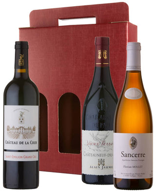 French Deluxe Wine Gift Set: Chateau de la Cour Saint-Emilion Grand Cru, Domaine Grand Veneur Chateauneuf-du-Pape, and Florian Mollet Sancerre in a 3 bottle red gift carton
