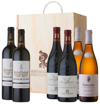 French Deluxe Wine Gift Set: Chateau de la Cour Saint-Emilion Grand Cru, Domaine Grand Veneur Chateauneuf-du-Pape, and Florian Mollet Sancerre in a 6 bottle wooden gift box
