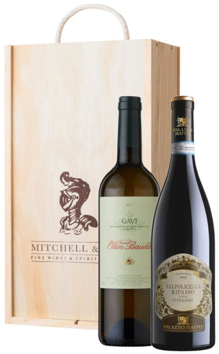 Italian Inspiration wine gift set: Palazzo Maffei Ripasso & Olim Bauda Gavi di Gavi in a wooden gift box