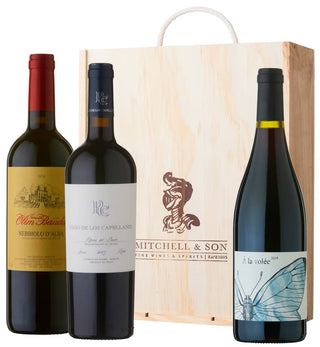 Sip Sip Hooray Wine Gift Set: Olim Bauda Nebbiolo, Colline de l'Hirondelle A La Volee and Pago de los Capellanes Joven in a wooden gift box