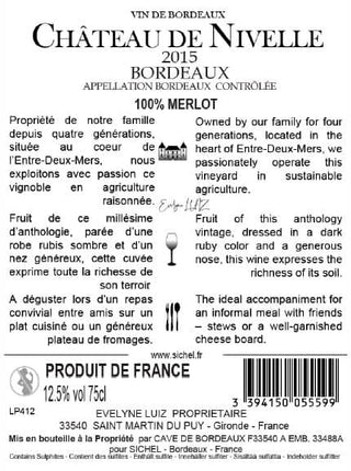 Chateau de Nivelle 2015 Bordeaux back label