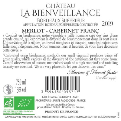 Chateau la Bienveillance Bordeaux Superieur 2019 back label | Organic & Biodynamic wine