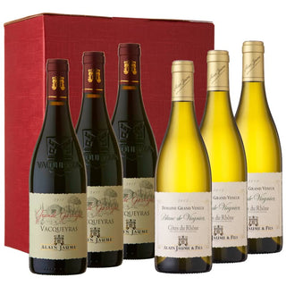 Rhone Ranger wine gift set: Grand Veneur Blanc de Viognier and Alain Jaume Vacqueyras in a 6 bottle red gift carton