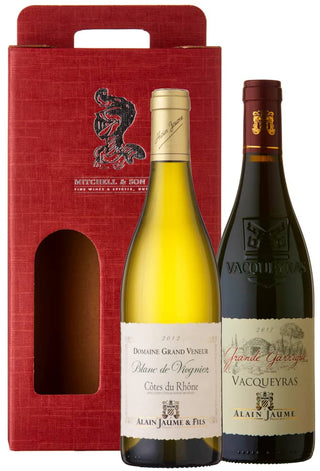 Rhone Ranger wine gift set: Grand Veneur Blanc de Viognier and Alain Jaume Vacqueyras in a red gift carton