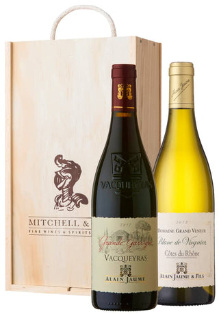 Rhone Ranger wine gift set: Grand Veneur Blanc de Viognier and Alain Jaume Vacqueyras in a 2 bottle wooden gift box