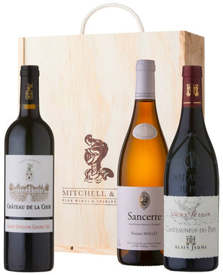 French Deluxe Wine Gift Set: Chateau de la Cour Saint-Emilion Grand Cru, Domaine Grand Veneur Chateauneuf-du-Pape, and Florian Mollet Sancerre in a 3 bottle wooden gift box