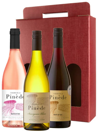 A Glass Act: Chemin de la Pinede Red, White and Rose Wine Gift Set in a 3 bottle red gift carton