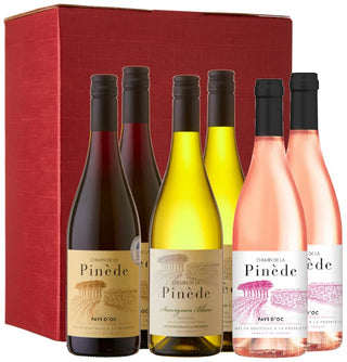 A Glass Act: Chemin de la Pinede Red, White and Rose Wine Gift Set in a 6 bottle red gift carton